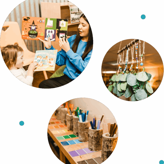 A teacher reads a picture book to a child, craft materials and colored swatches are displayed, and handmade leafy decorations hang nearby.